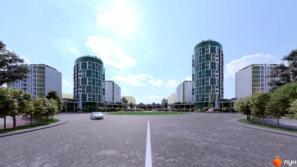 Житловий комплекс Смарагдові вежі. Зовнішній вигляд новобудов з зеленими фасадами та панорамними вікнами, прибудинкова територія з деревами та дорогою.