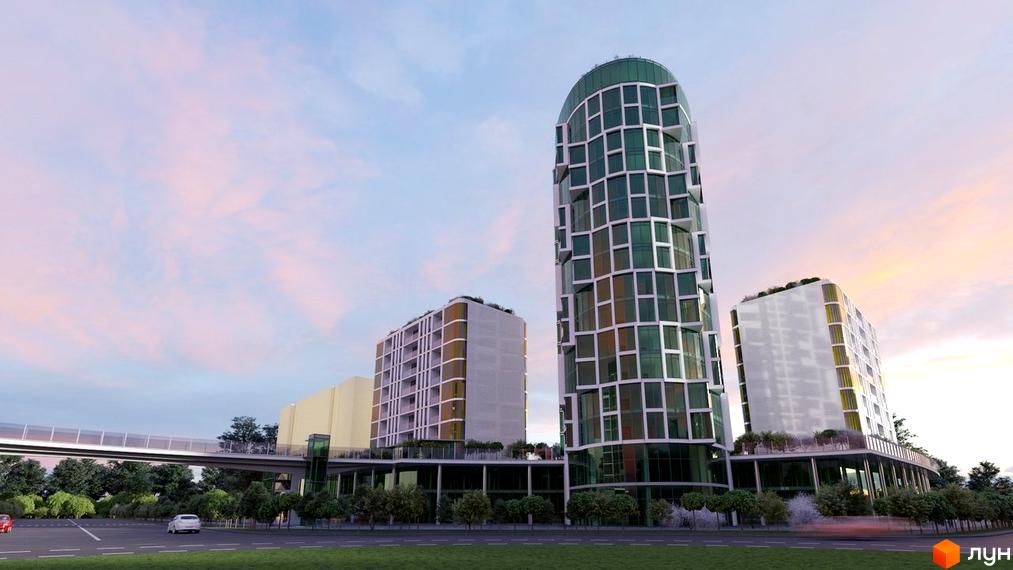 Житловий комплекс Смарагдові вежі – це сучасна архітектура з вишуканим фасадом та скляними елементами. Навколо комплексу зелені насадження та зручна інфраструктура.