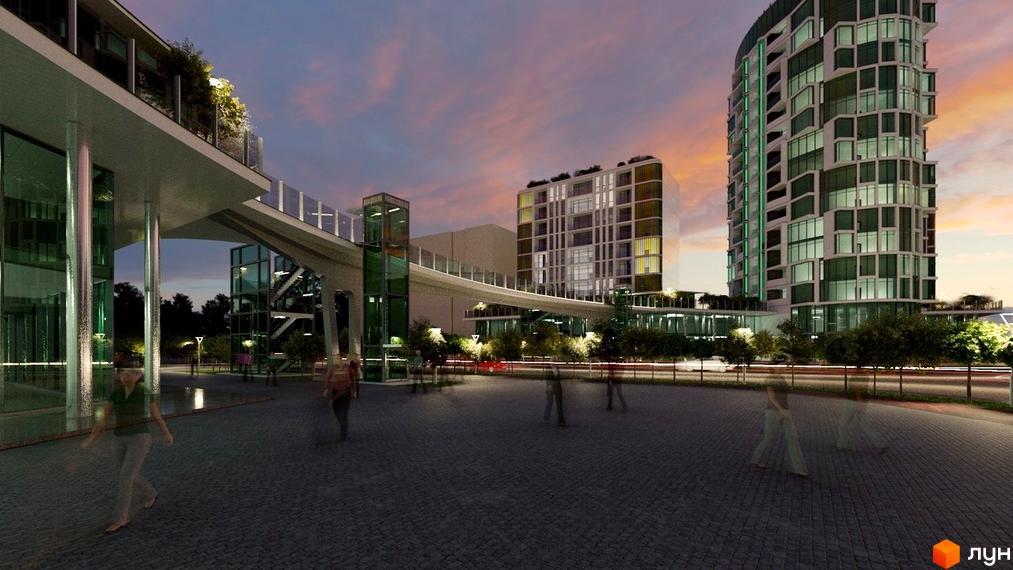 Житловий комплекс Смарагдові вежі: сучасна архітектура з панорамними вікнами та зеленою зоною відпочинку. Комплекс має два висотних будинки та пішохідний міст.