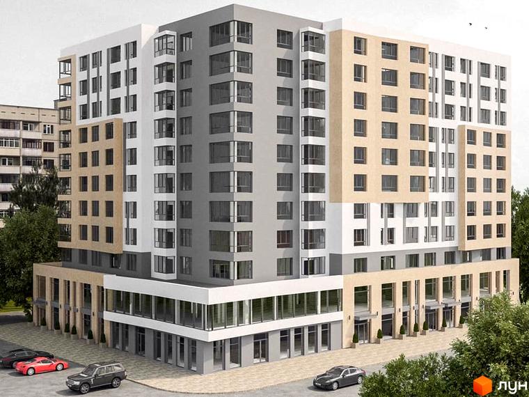 Зовнішній вигляд житлового комплексу на вул. Євгена Пікуса, 14, з багатоповерховими секціями та комерційними приміщеннями на першому поверсі. Перед будівлею розташована прибудинкова територія з парковкою.