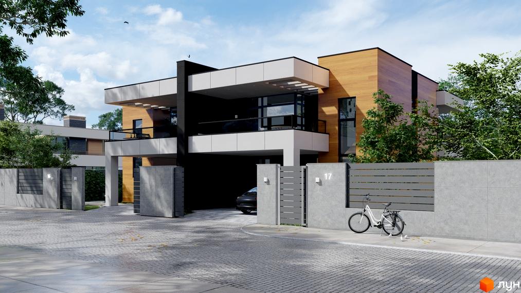 Двоповерховий будинок з дерев'яним фасадом, балконом та гаражем. На території розташовані ворота, паркан, велосипед та бруківка.