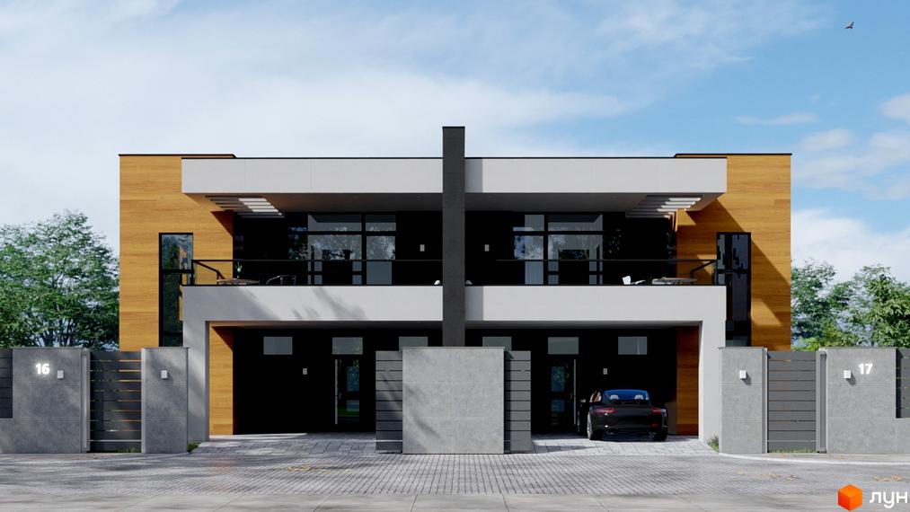 Сучасний двоповерховий будинок з дерев'яним оздобленням та великими вікнами, на прибудинковій території розташовані паркани та доглянутий двір.