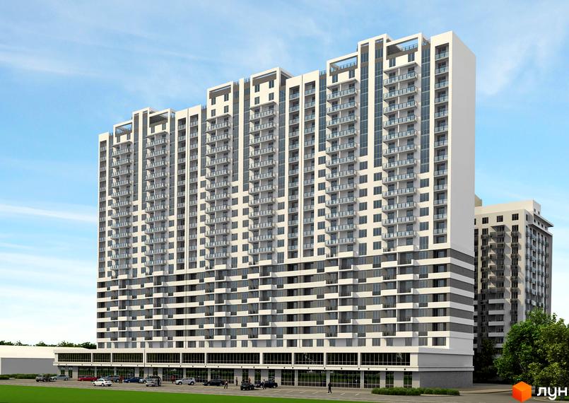 Висотна будівля ЖК Альтаїр з безліччю балконів та скляними фасадами. На прибудинковій території є зелена зона, парковка та дорога.