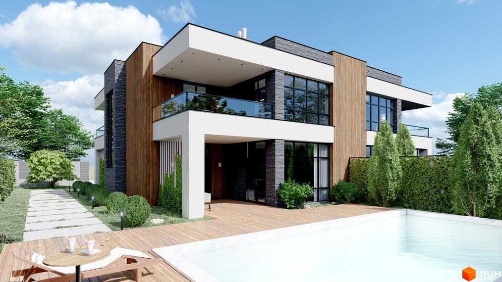 Котеджне містечко Family Park Residence: двоповерховий будинок з дерев'яним та кам'яним оздобленням, великими вікнами, балконом та басейном на території.