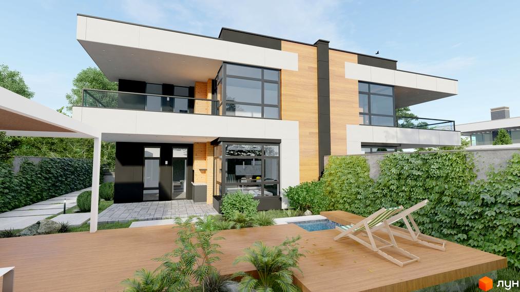 Котеджне містечко Family Park Residence з великими вікнами та дерев'яними елементами фасаду, поруч басейн та зона відпочинку з шезлонгами.