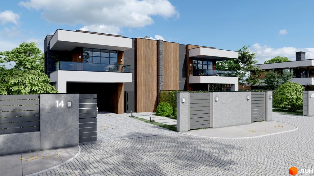 Котеджне містечко КМ Family Park Residence: сучасні будинки з дерев'яними елементами та сірим фасадом, огороджені парканом з бетонними стовпами. Прибудинкова територія з бруківкою та зеленими насадженнями.