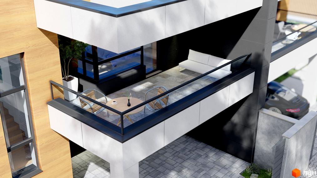 Фасад будинку Містечко котеджів Family Park Residence з терасою, меблями та рослинами. Вид на прибудинкову територію з бруківкою.