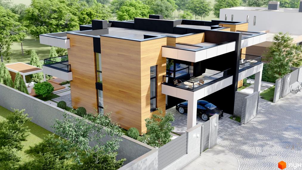 Котеджне містечко КМ Family Park Residence: двоповерховий будинок з дерев'яним фасадом та балконами, прибудинкова територія з парканом та деревами.