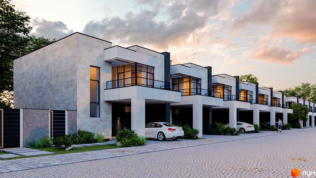 Котеджне містечко Family Park Residence: фасади будинків з натурального каменю та скляними балконами, прибудинкова територія з доглянутими газонами та бруківкою.