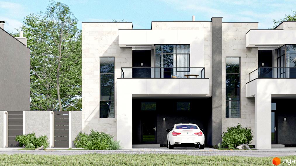 Фасад будинку в Котеджному комплексі Family Park Residence з білою обробкою, гаражем та зеленими насадженнями.