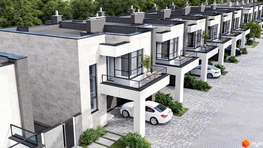 Зображення житлового комплексу. Білі будинки з великими вікнами та балконами. На території бруківка, зелені насадження та парковані автомобілі.