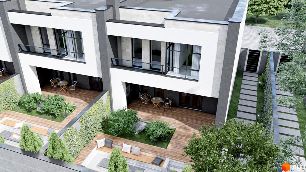 Зображення сторінки житлового комплексу КМ Family Park Residence. Біла будівля з великими вікнами та терасами, навколо озеленена територія з деревами та лавками.