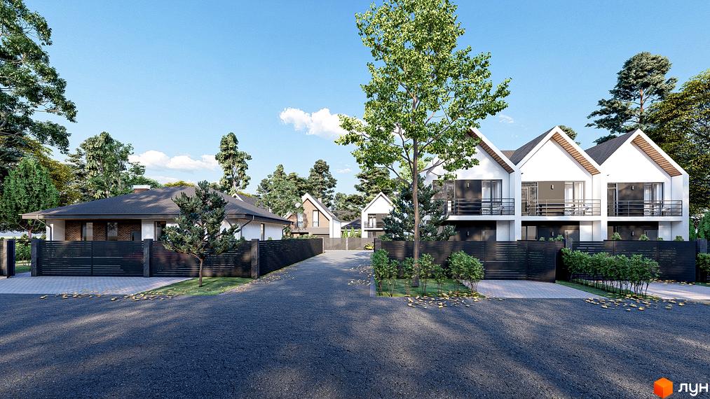 Білі будинки з чорними дахами та балконами в котеджному містечку SWEET HOME. Доглянута прибудинкова територія з деревами та асфальтованою дорогою.