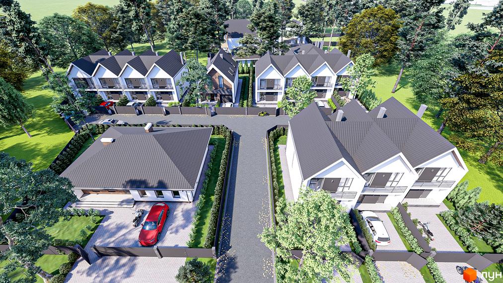 Котеджне містечко SWEET HOME. Білі будинки з сірими дахами, балконами та парканами. На території є зелені насадження та асфальтовані доріжки.