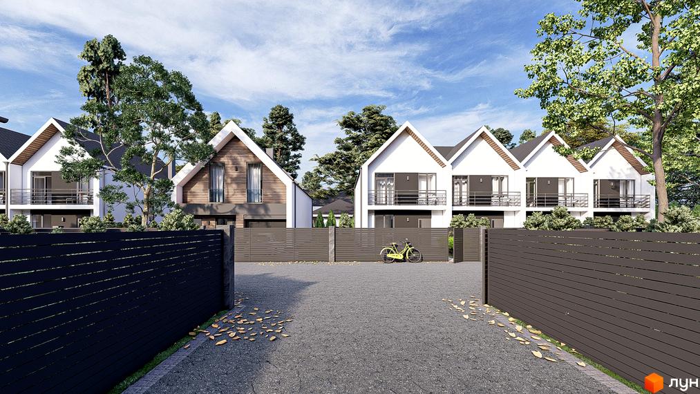 Котеджне містечко КМ SWEET HOME. Сучасні будинки з індивідуальними терасами та балконами, огороджена територія з доглянутим ландшафтом та велосипедом.