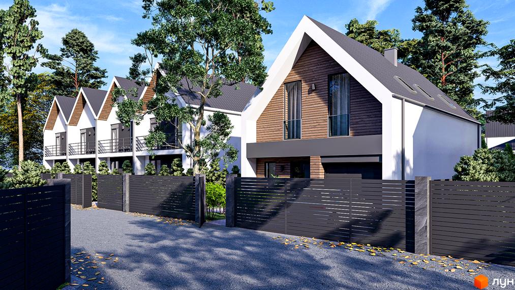 Зображення житлового комплексу КМ SWEET HOME. Двоповерхові будинки з дерев'яним оздобленням фасадів та сірим дахом. Територія огороджена парканом, викладена бруківкою.