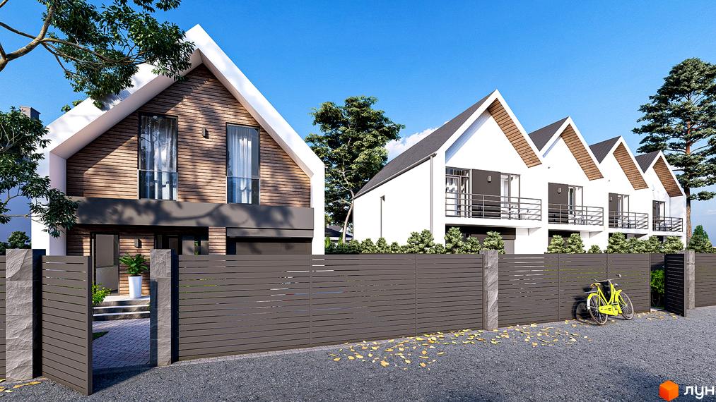 Котеджне містечко SWEET HOME: фасади будинків з дерев'яним оздобленням та білою штукатуркою, огороджена територія з велосипедом.
