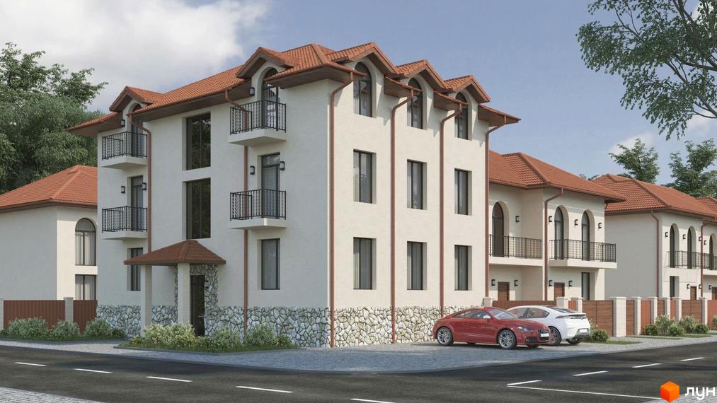 Триповерховий будинок з терасами та червоним дахом. Біля будинку припарковані автомобілі, територія огороджена парканом.