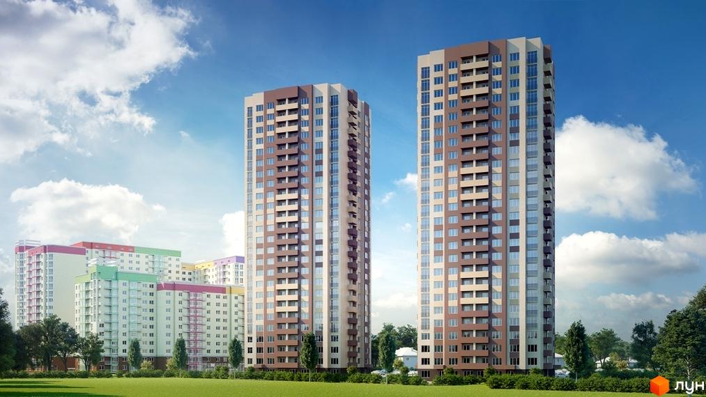 Житловий комплекс Friendly House: висотні будинки з коричневими та бежевими фасадами, балконами та великою кількістю вікон. Навколо зелена галявина та дерева під блакитним небом з хмарами.