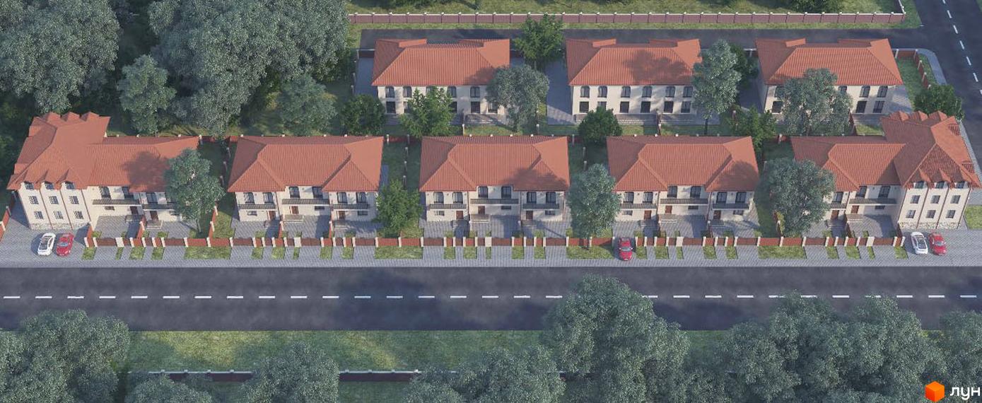 Котеджне містечко КМ HAPPY STREET – це затишні будинки з червоними дахами та доглянутою прибудинковою територією з зеленими насадженнями та паркувальними місцями.