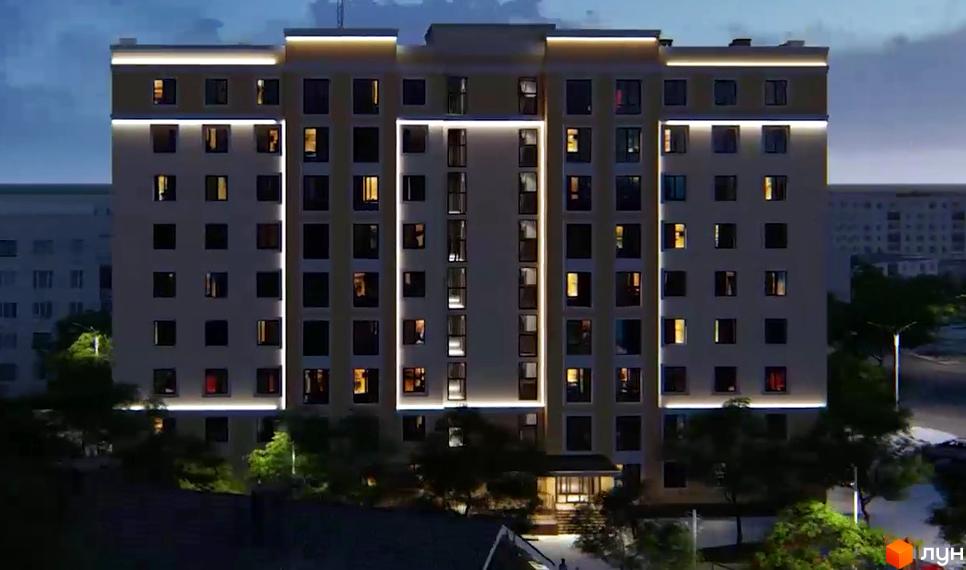 Житловий комплекс Софія 2 – це багатоповерхова новобудова з підсвіченими фасадами та численними вікнами, оточена деревами та освітленням.