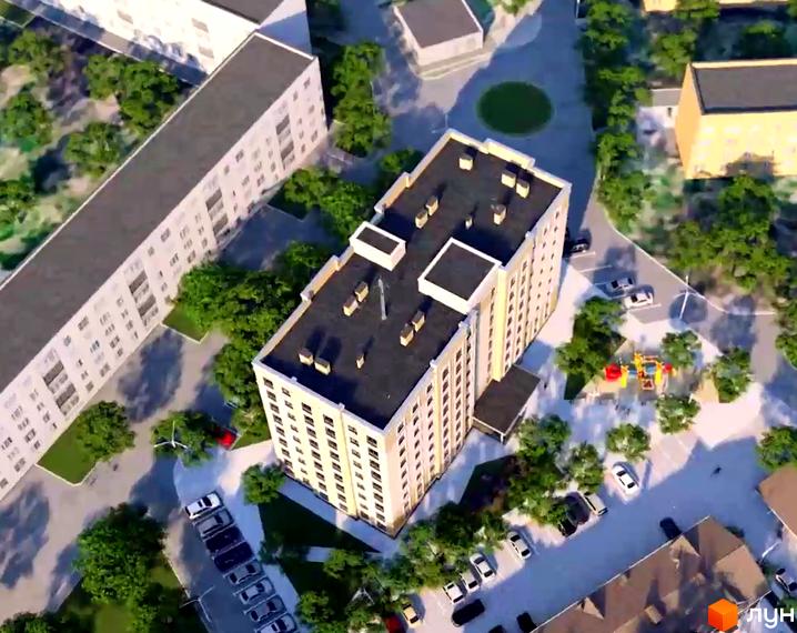 Житловий комплекс Софія 2: багатоповерховий будинок з пласким дахом, вікнами та балконами, оточений деревами та дитячим майданчиком.