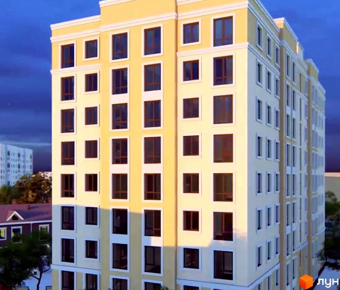 Житловий комплекс Софія 2. Фасад будинку виконаний у світло-жовтих тонах з великою кількістю вікон. Навколо будинку зелені насадження та дерева.