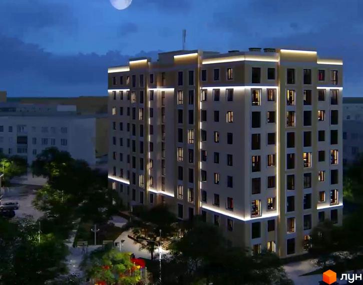 Житловий комплекс Софія 2 – це багатоповерхова новобудова з підсвіченим фасадом та вікнами, розташована біля зеленої зони з дитячим майданчиком.