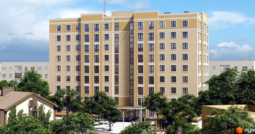 Зовнішній вигляд новобудови ЖК Софія 2 з численними вікнами та прибудинковою територією з деревами та місцями для відпочинку.