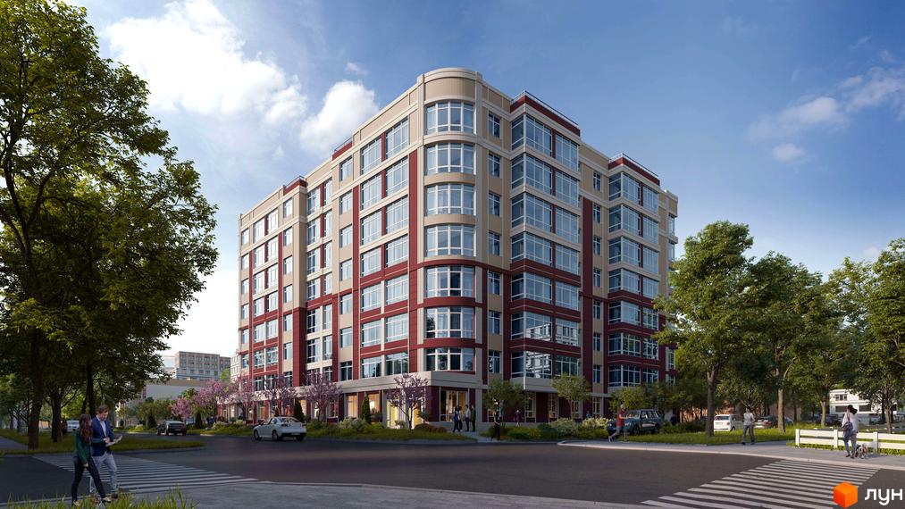 Зовнішній вигляд житлового комплексу Комфорт з червоними та бежевими фасадами, великими вікнами та затишною прибудинковою територією з деревами та пішохідними доріжками.