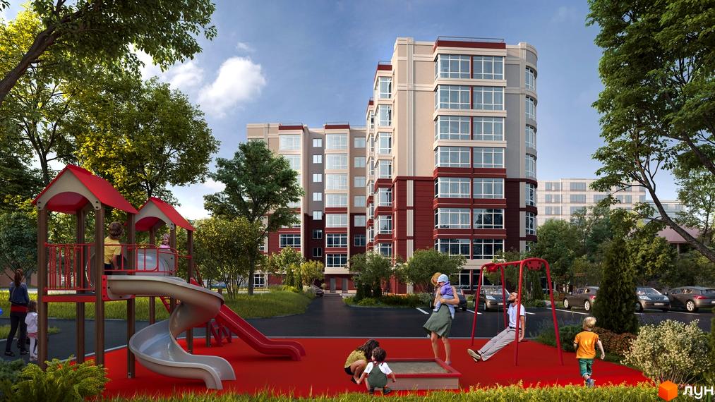 Житловий комплекс з багатоповерховими будинками та дитячим майданчиком. Навколо будівель зелені дерева та зони відпочинку.