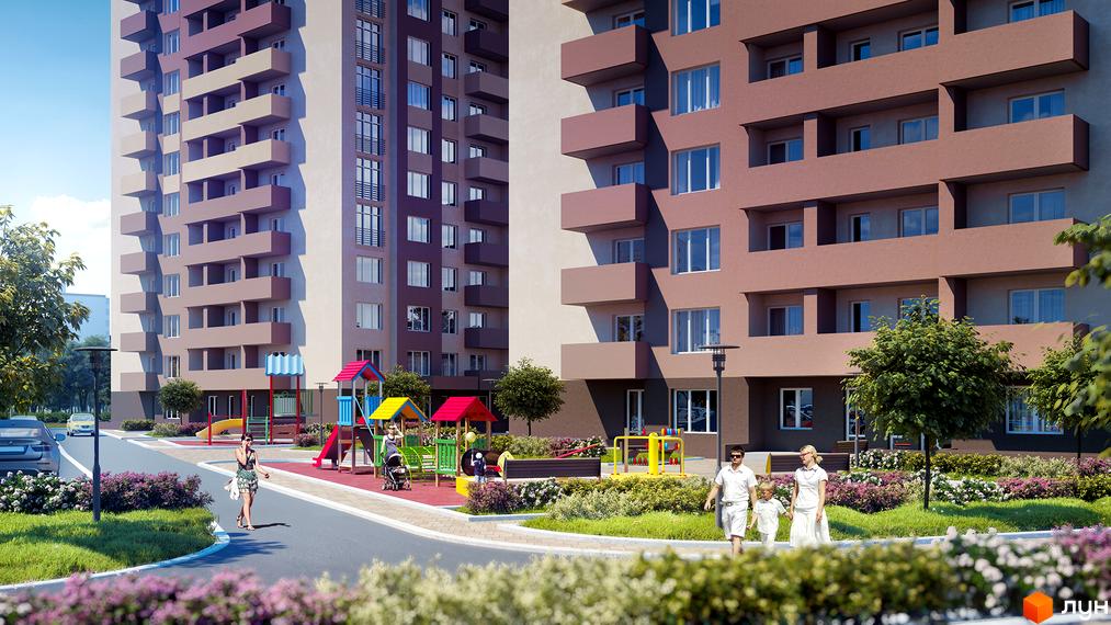 Житловий комплекс Friendly House з двома багатоповерховими будинками та прибудинковою територією з дитячим майданчиком.