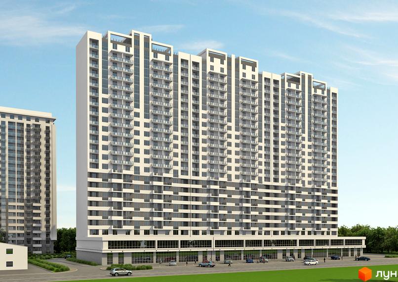 Висотна новобудова ЖК Альтаїр з великою кількістю балконів. На прибудинковій території є парковка, зелені насадження та дорога.