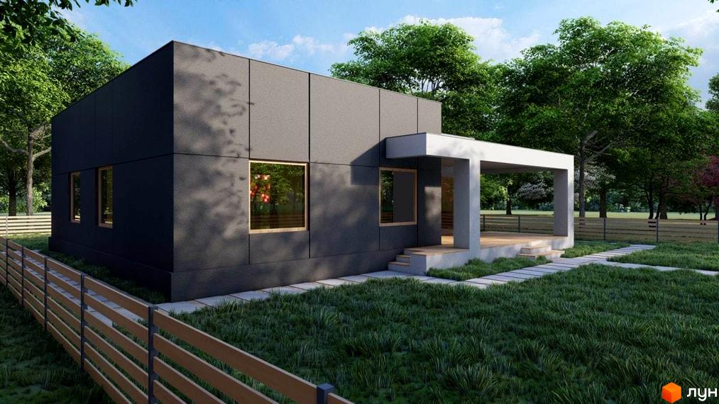 Котеджне містечко Freeland: двоповерховий будинок з сірими панелями та великими вікнами, розташований на доглянутій галявині з доріжками та дерев'яним парканом.