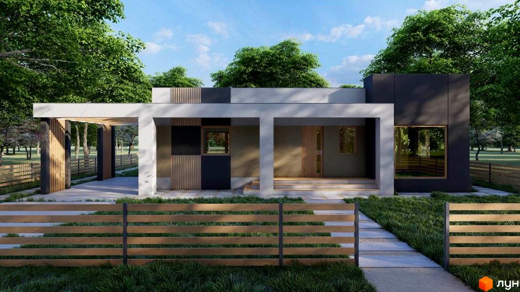 Котеджне містечко Freeland: одноповерховий будинок з навісом та дерев'яним парканом. Територія навколо будинку вкрита травою та вимощена доріжками.