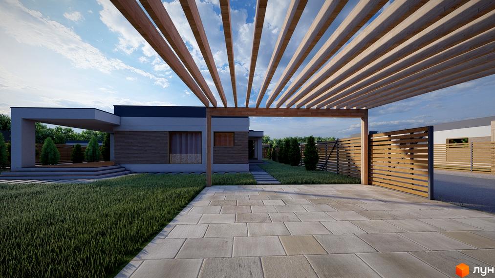 Котеджне містечко Freeland: одноповерховий будинок з дерев'яною перголою та доглянутою прибудинковою територією з газоном і бруківкою.