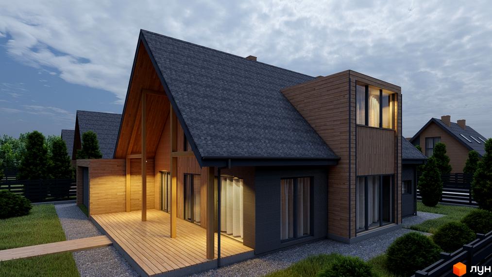 Котеджне містечко Freeland: фасади будинків з дерев'яним оздобленням та великими вікнами, прибудинкова територія з газоном та доріжками.