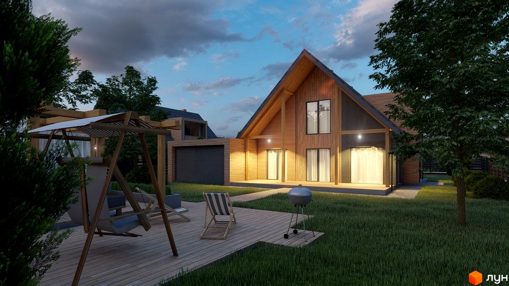 Котеджне містечко Freeland: дерев'яний будинок з великими вікнами та прибудинкова територія з зоною відпочинку та барбекю.