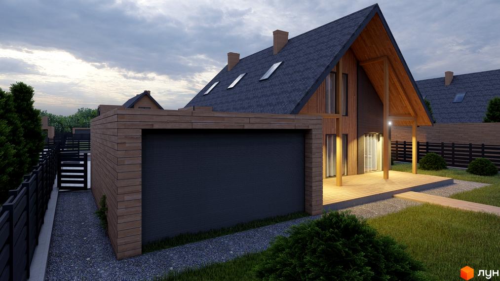 Котеджне містечко Freeland: двоповерховий будинок з темним дахом, дерев'яним оздобленням та просторою терасою. Прибудинкова територія з газоном, гравійними доріжками та парканом.