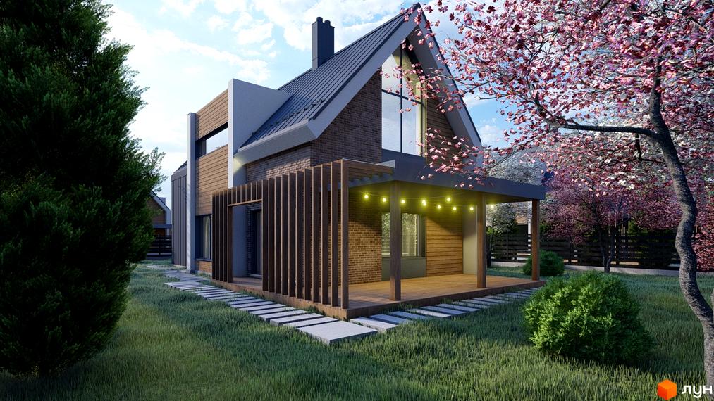 Котеджне містечко Freeland: двоповерховий будинок з цегляним фасадом, дерев'яною верандою та великим вікном. Навколо будинку доглянутий газон, доріжка з плитки та квітучі дерева.