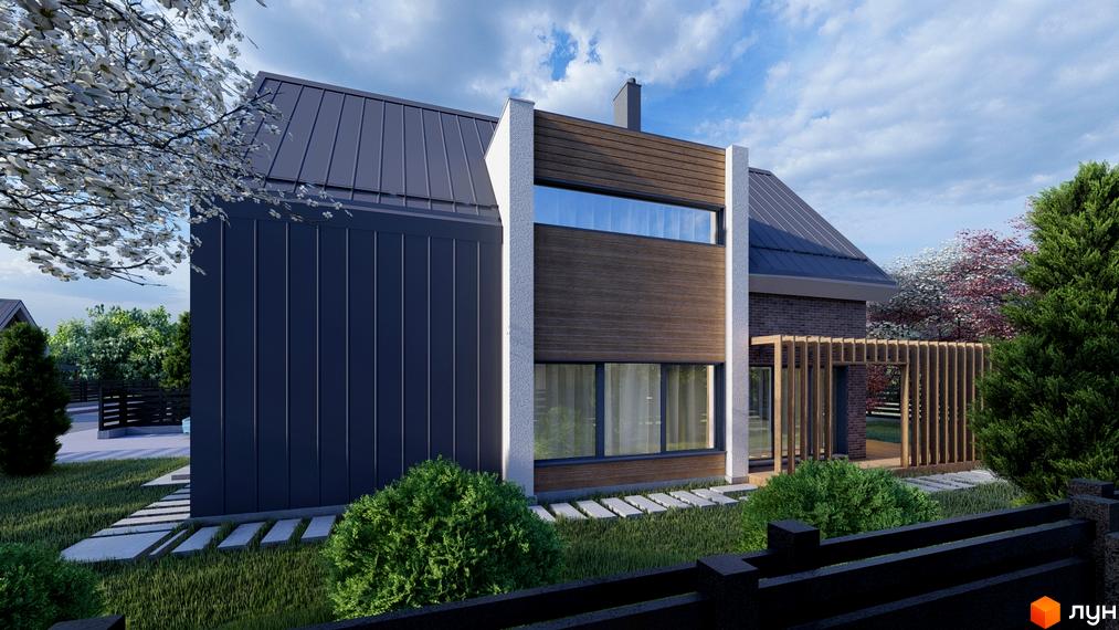 Котеджне містечко Freeland: двоповерховий будинок з темним дахом та фасадом з дерев'яних панелей, зелена прибудинкова територія з кущами та доріжкою з плитки.