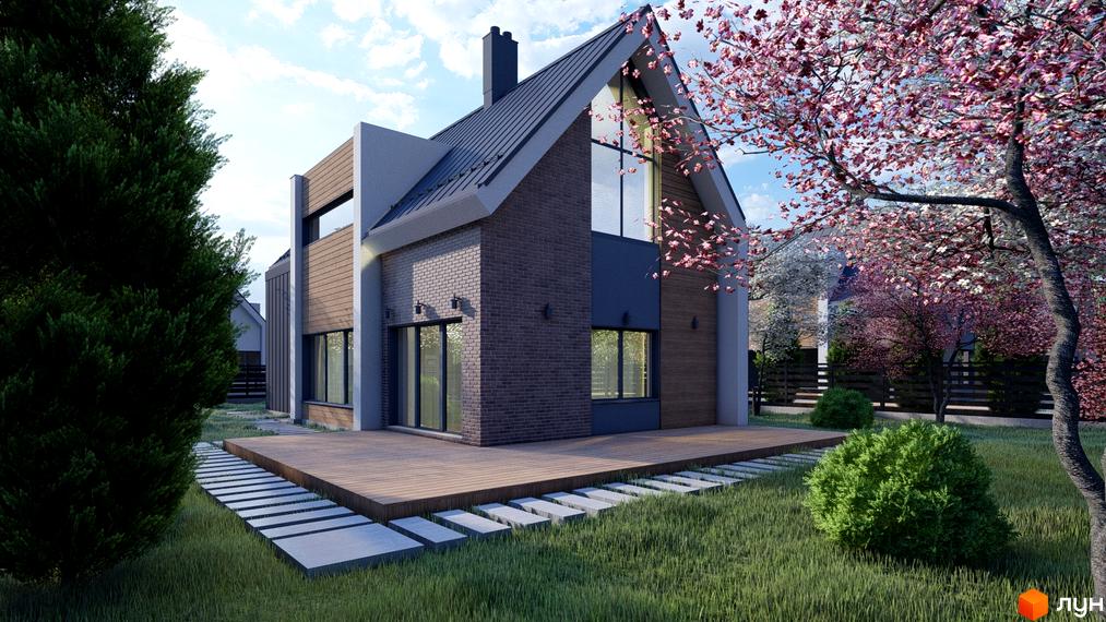 Котеджне містечко Freeland: двоповерховий будинок з цегляним фасадом та великими вікнами, оточений зеленню та квітучими деревами.