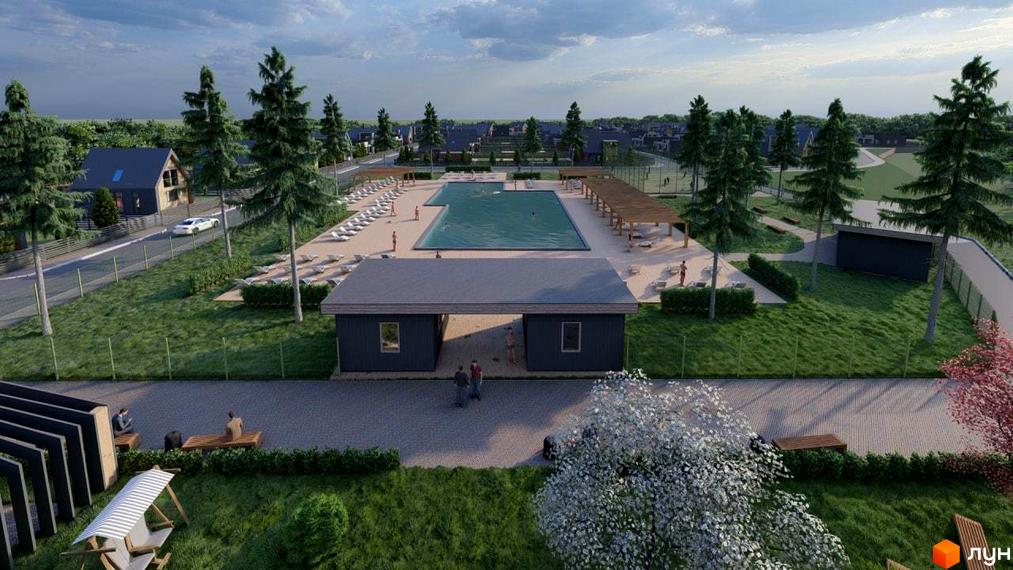 Котеджне містечко Freeland з басейном, зонами відпочинку та зеленими насадженнями. На території розташовані будинки, доріжки та дерева.