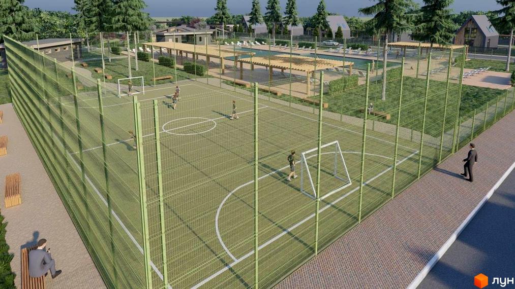 Котеджне містечко КМ Freeland: спортивний майданчик з футбольними воротами, басейн та зони відпочинку. На території комплексу розташовані будинки та зелені насадження.