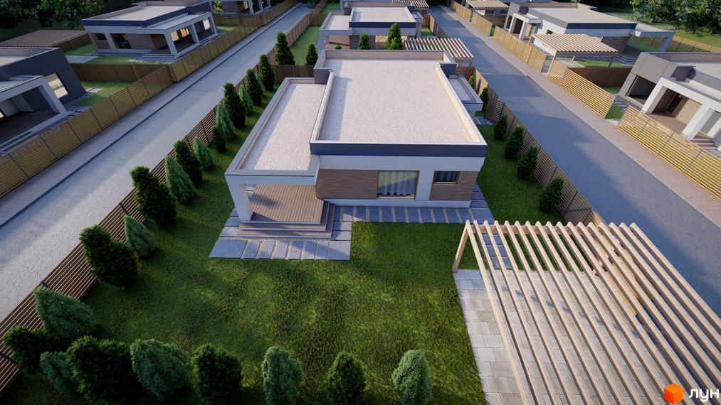 Котеджне містечко КМ Freeland: одноповерхові будинки з пласкими дахами та дерев'яним оздобленням фасаду, доглянута прибудинкова територія з газоном та деревами.