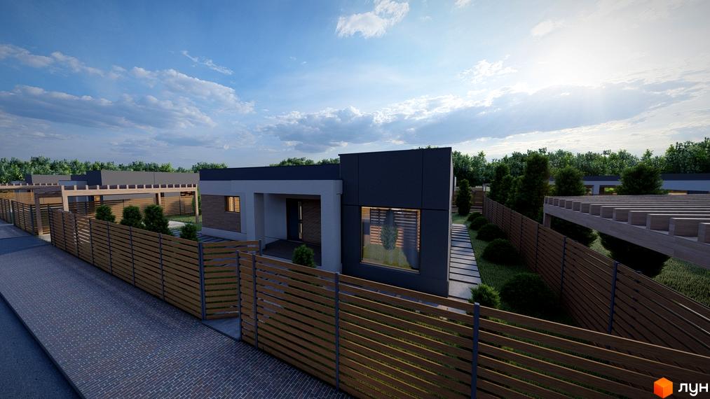 Котеджне містечко Freeland: одноповерхові будинки з темними фасадами та дерев'яними парканами. Територія комплексу з доглянутим ландшафтом та доріжками.