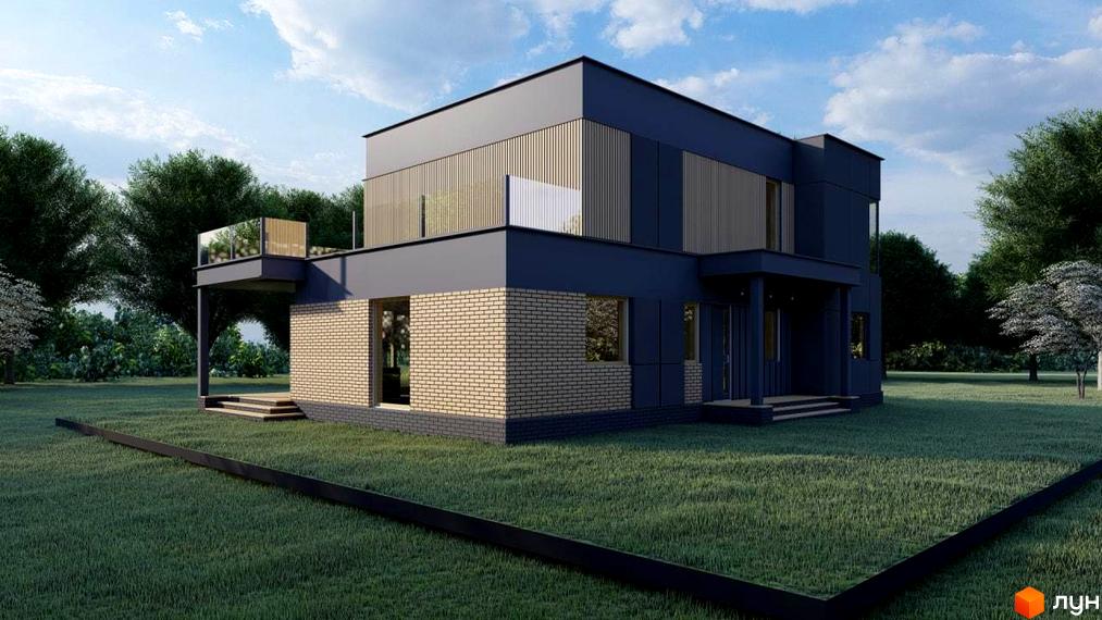 Котеджне містечко Freeland: двоповерховий будинок з цегляним цоколем та темними фасадами, скляним балконом, на тлі зеленої галявини та дерев.