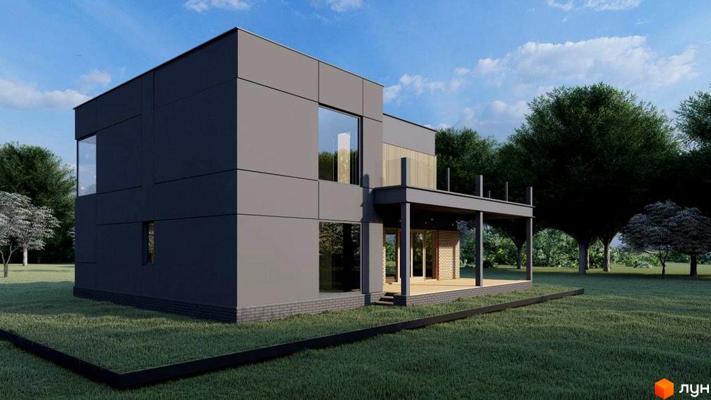 Котеджне містечко Freeland: двоповерховий будинок з панорамними вікнами та терасою на тлі зеленого ландшафту. Навколо будинку доглянутий газон та дерева.