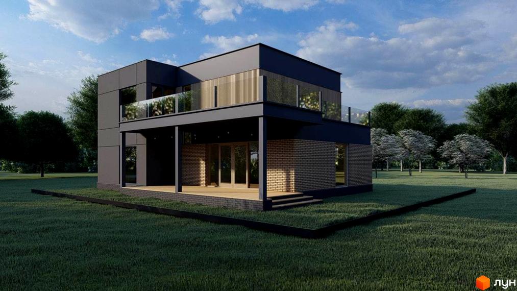 Котеджне містечко Freeland: двоповерховий будинок з цегляною обробкою та великими вікнами, розташований на зеленій галявині з деревами.