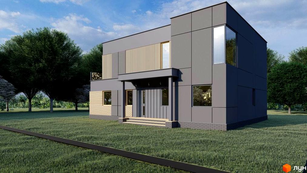 Котеджне містечко Freeland: двоповерховий будинок з сірим фасадом та великими вікнами, оточений зеленою галявиною та деревами.